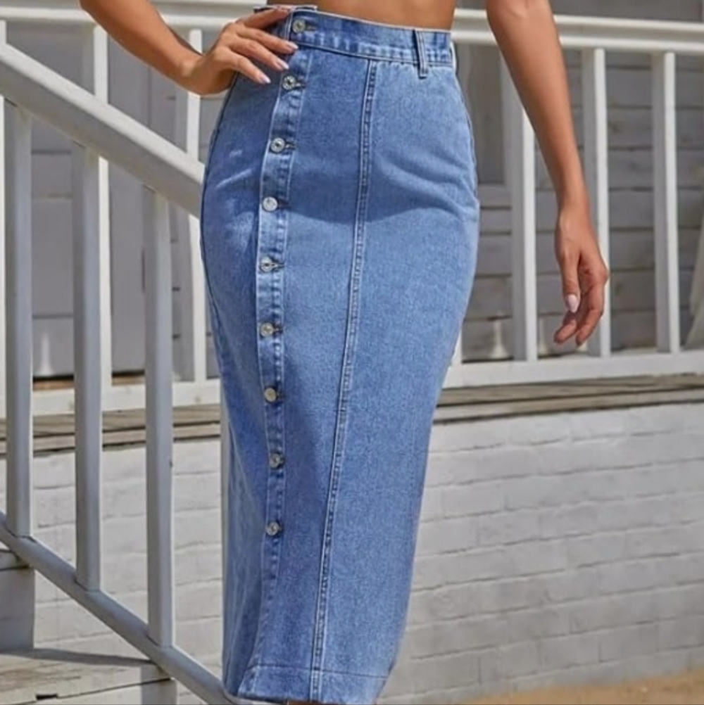 A1: High Waisted Washed Button Denim Long Skirt Side Split